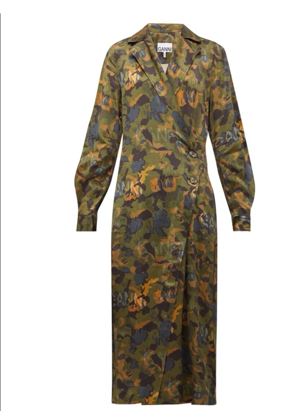 Ganni green- camouflage heavy satin wrap dress/ trench. Size 40UK/8US